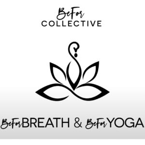 A black and white logo of a yoga studio.